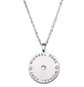 MICHAEL KORS LOGO PLATE DISC NECKLACE SILVER TONE